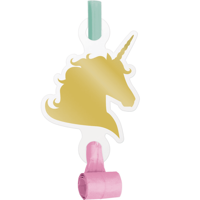 Gold unicorn head silhouette on white cardstock with mint green and pink paper blowout tubes attached at top and bottom.