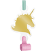Gold unicorn head silhouette on white cardstock with mint green and pink paper blowout tubes attached at top and bottom.