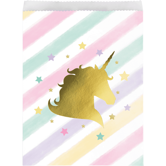 Gold foil unicorn silhouette on a striped paper treat bag in pastel pink, mint, yellow, and lavender with scattered colorful stars.