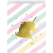Gold foil unicorn silhouette on a striped paper treat bag in pastel pink, mint, yellow, and lavender with scattered colorful stars.