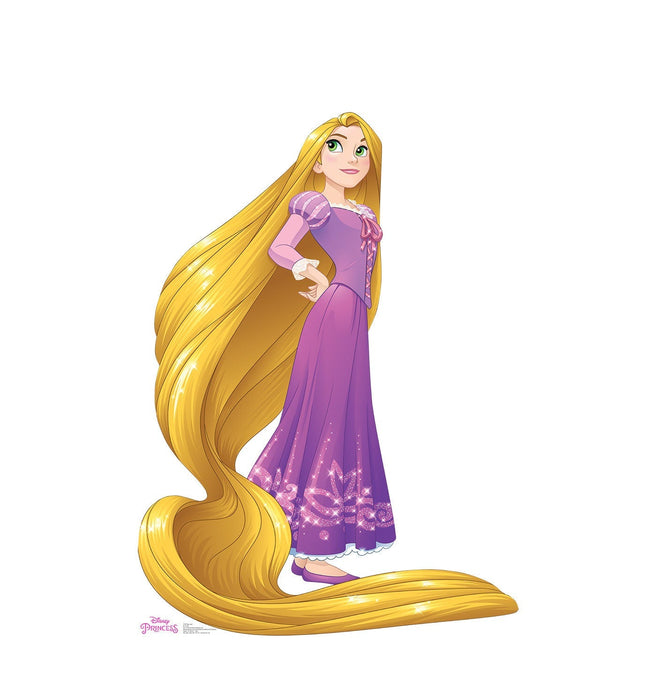 Animated princess character with extremely long golden yellow hair wearing a purple and pink dress with sparkly embellishments and puffed sleeves.