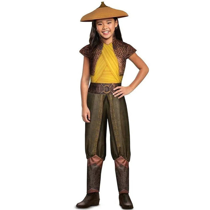 Girl wearing a yellow wrap top with brown patterned bolero jacket, olive green pants with brown calf wraps, a decorative belt, and a tall brown cone-shaped hat.