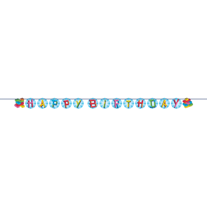 Colorful Happy Birthday banner strung on a blue cord featuring multicolored letter blocks spelling "HAPPY BIRTHDAY" with decorative gift box designs on each side.