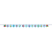 Colorful Happy Birthday banner strung on a blue cord featuring multicolored letter blocks spelling "HAPPY BIRTHDAY" with decorative gift box designs on each side.