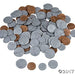 Pile of 144 plastic coins in silver and copper colors with four individual coins displayed below the main group.