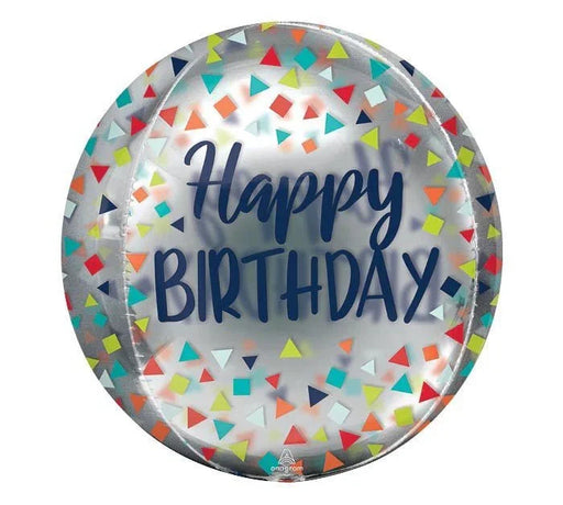 Clear round balloon with "Happy Birthday" text in blue and colorful confetti triangles and squares throughout the design.