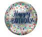 Clear round balloon with "Happy Birthday" text in blue and colorful confetti triangles and squares throughout the design.