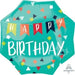 Turquoise octagonal foil balloon with colorful confetti and triangular flag designs, featuring "HAPPY BIRTHDAY" in a banner and white script text below.