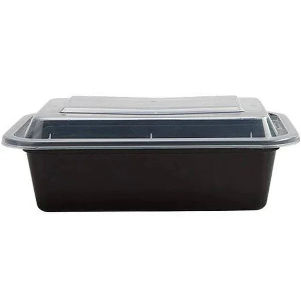 Black rectangular disposable container with clear plastic hinged lid, displayed open to show the interior compartment.