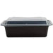 Black rectangular disposable container with clear plastic hinged lid, displayed open to show the interior compartment.