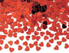 Scattered red and dark red heart-shaped confetti pieces displayed on a white background, featuring various shades and sizes of metallic hearts.