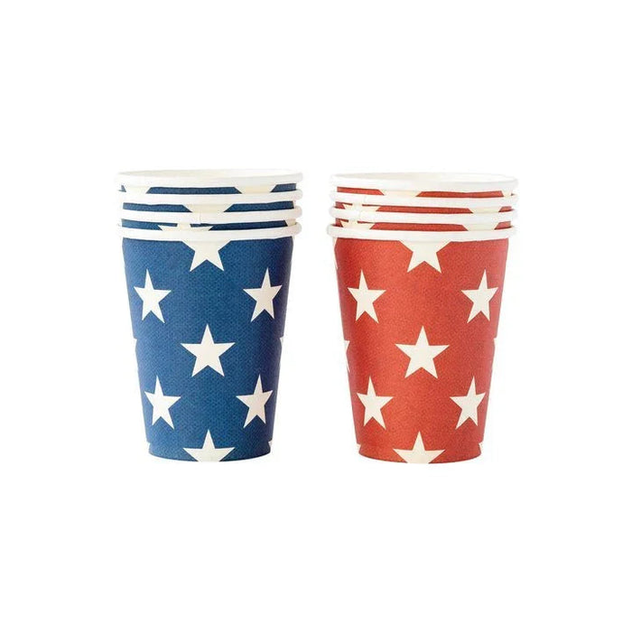 Two stacks of 12 oz paper cups featuring white stars on blue and red backgrounds with striped rims, eight cups total.