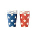Two stacks of 12 oz paper cups featuring white stars on blue and red backgrounds with striped rims, eight cups total.