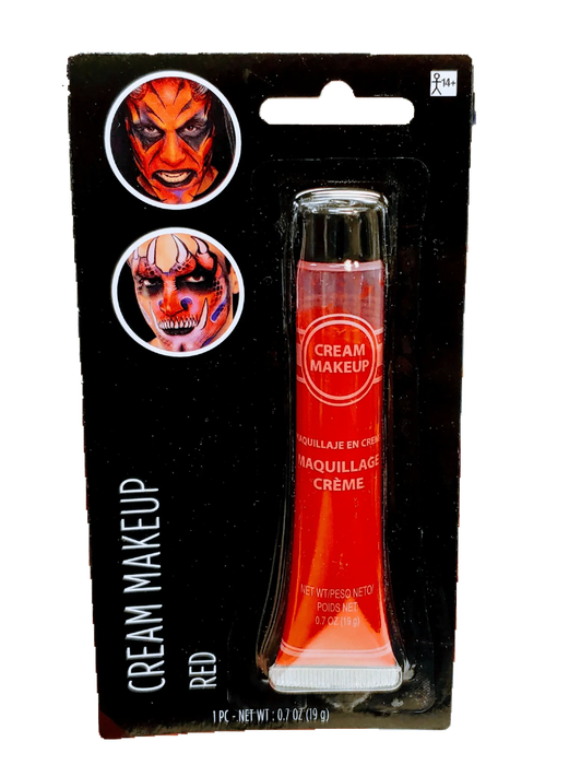 Red cream makeup tube with 0.7 oz net weight displayed on black packaging with two example face paint designs shown above the product.