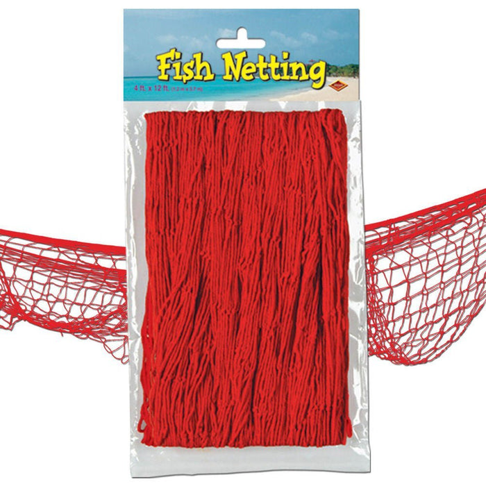 Red fish netting measuring 3 feet by 12 feet in its original clear plastic package with beach scene header label, displayed with two additional netting samples shown on either side.