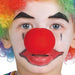 Person wearing a red foam clown nose with rainbow-colored curly wig, black eyebrows, and red lipstick as part of a clown costume.