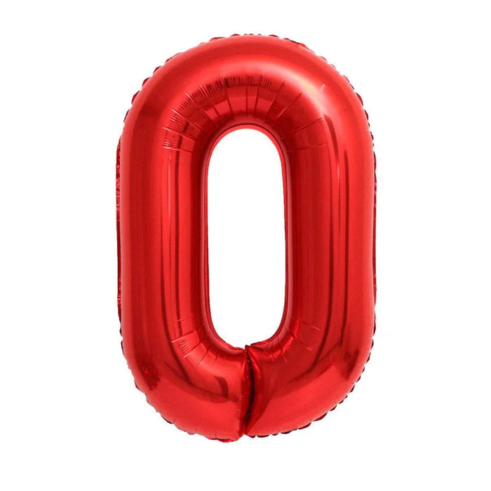 Red foil number zero balloon, 34 inches, with a glossy finish and rounded rectangular shape against a white background.