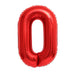 Red foil number zero balloon, 34 inches, with a glossy finish and rounded rectangular shape against a white background.