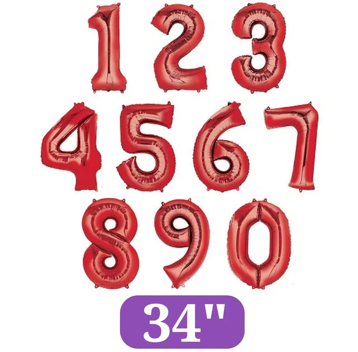Red foil number balloons in sizes 1 through 9 displayed in a grid layout, each 34 inches tall, with a purple label at the bottom indicating the size.