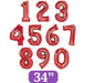 Red foil number balloons in sizes 1 through 9 displayed in a grid layout, each 34 inches tall, with a purple label at the bottom indicating the size.