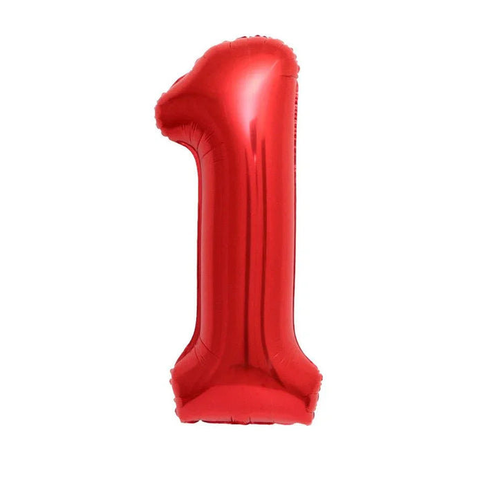 Red foil balloon shaped like the numeral 1, inflated and displayed against a white background.