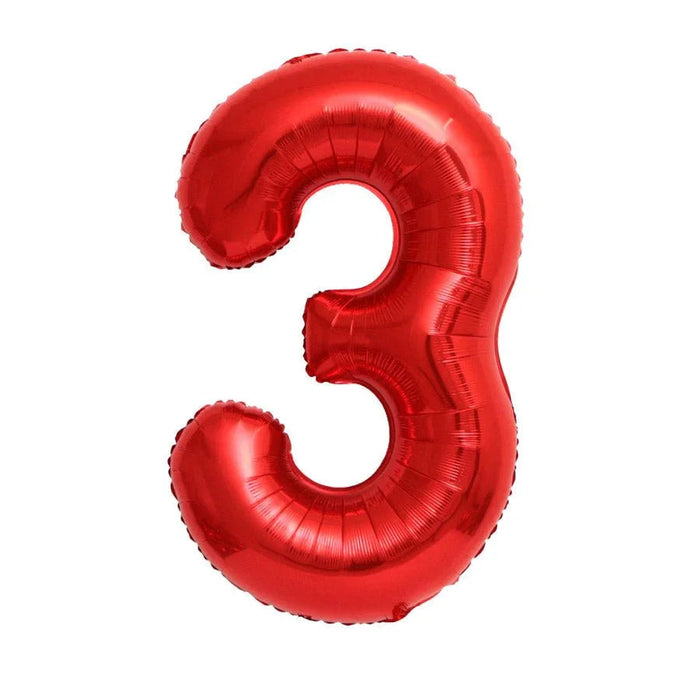 Red foil number 3 balloon with a shiny metallic finish and rounded edges displayed against a white background.