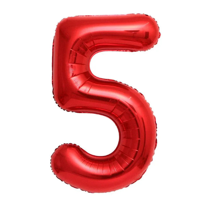 Red foil balloon shaped like the number 5 with a glossy finish and rounded edges against a white background.