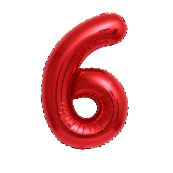 Red foil balloon shaped like the number 6, featuring a shiny metallic finish and rounded edges against a white background.