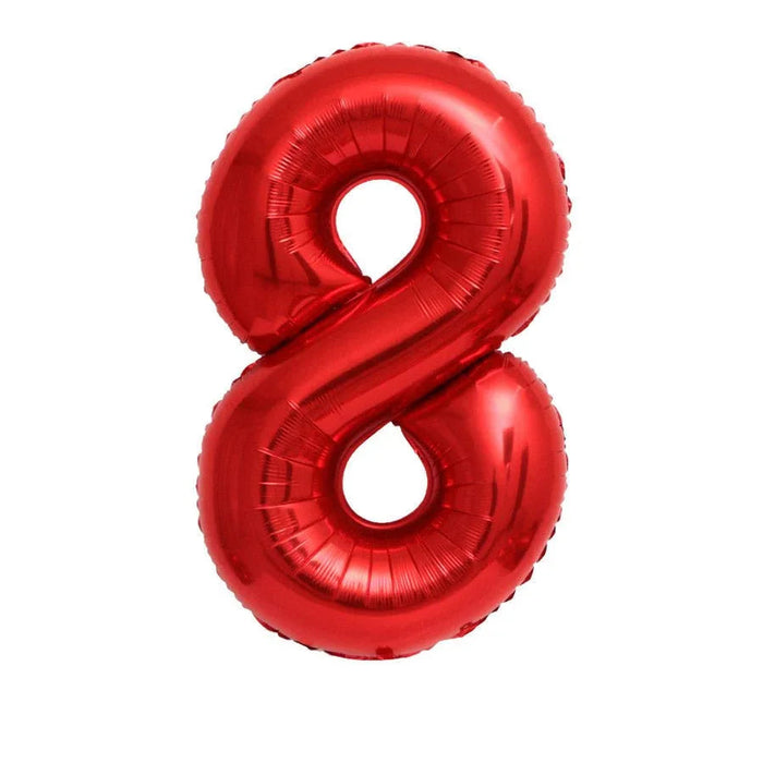 Red foil balloon shaped like the number 8, inflated and displayed against a white background.