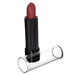 Black cylindrical lipstick with a deep burgundy red shade extended upward, displayed next to a clear plastic tube packaging.