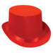 Bright red satin top hat with a tall cylindrical crown and wide brim, accented with a red ribbon band around the base.