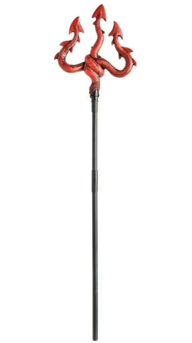 Red decorative pitchfork with three curved serpent-shaped prongs and a long black handle, designed as a costume accessory.