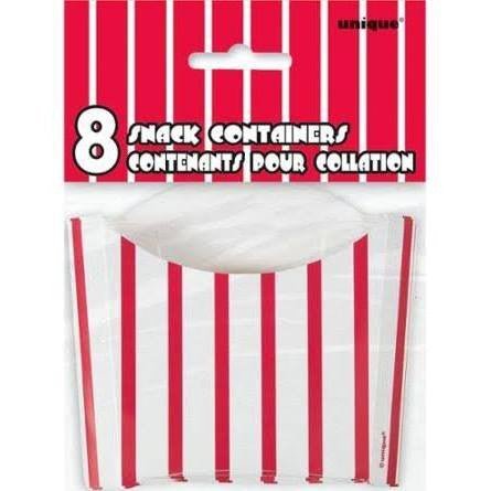 Package of eight red and white striped paper snack containers with hinged lids displayed against a red and white striped background.
