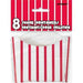 Package of eight red and white striped paper snack containers with hinged lids displayed against a red and white striped background.