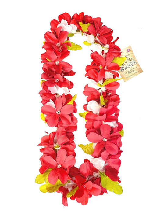 Red and white flower lei with yellow-green leaves arranged in a U-shape, featuring a tan product tag labeled "From The Islands" attached to the upper right side.