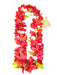 Red and white flower lei with yellow-green leaves arranged in a U-shape, featuring a tan product tag labeled "From The Islands" attached to the upper right side.