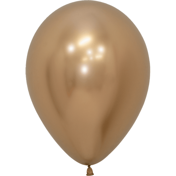 Single shiny gold latex balloon with a reflective surface and tied knot at the bottom.