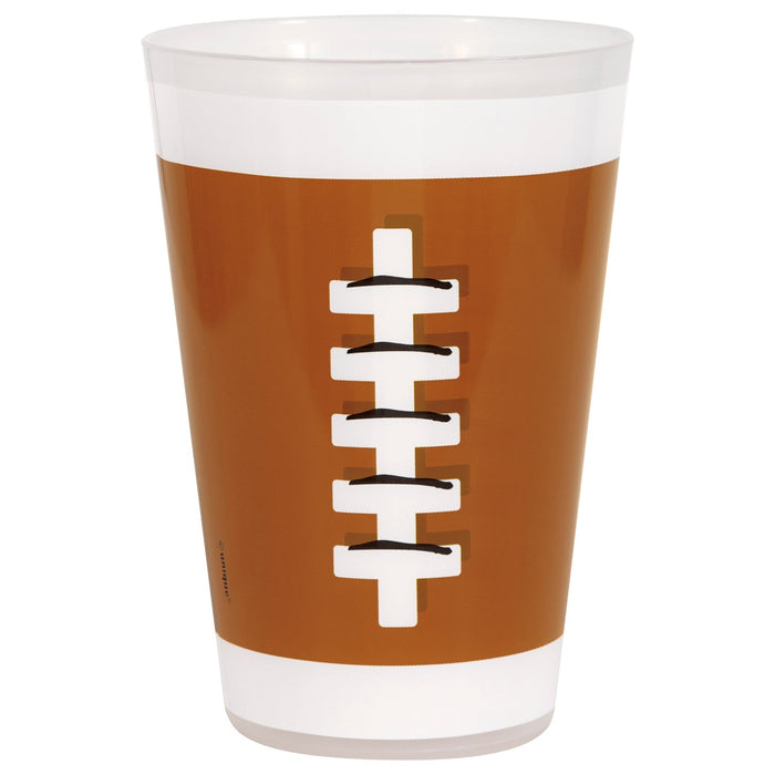 Brown and white reusable plastic cup featuring a football laces design down the center, with white bands at top and bottom.