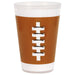 Brown and white reusable plastic cup featuring a football laces design down the center, with white bands at top and bottom.