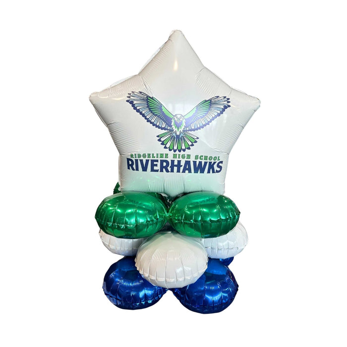 Stack of balloons with Riverhawks logo on a white background