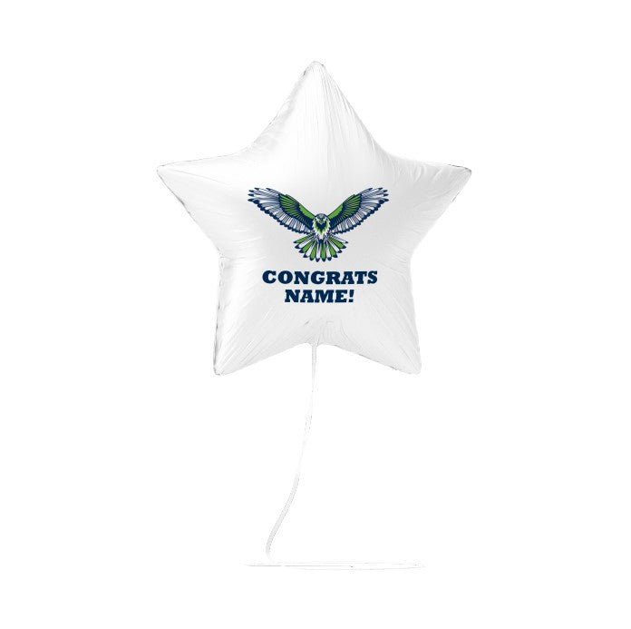 White star-shaped balloon with an eagle design and 'Congrats Name!' text on a white background