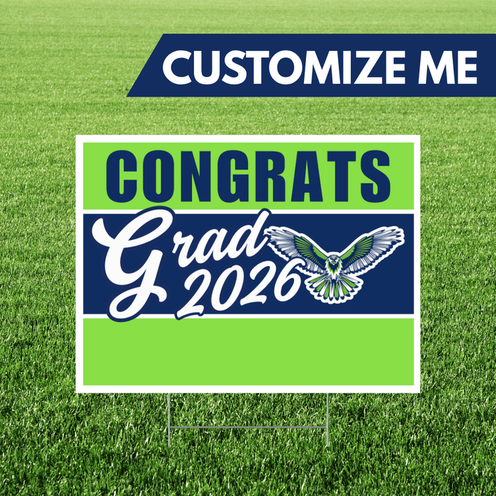 Graduation-themed customizable sign with 'Congrats Grad 2026' on a grass background