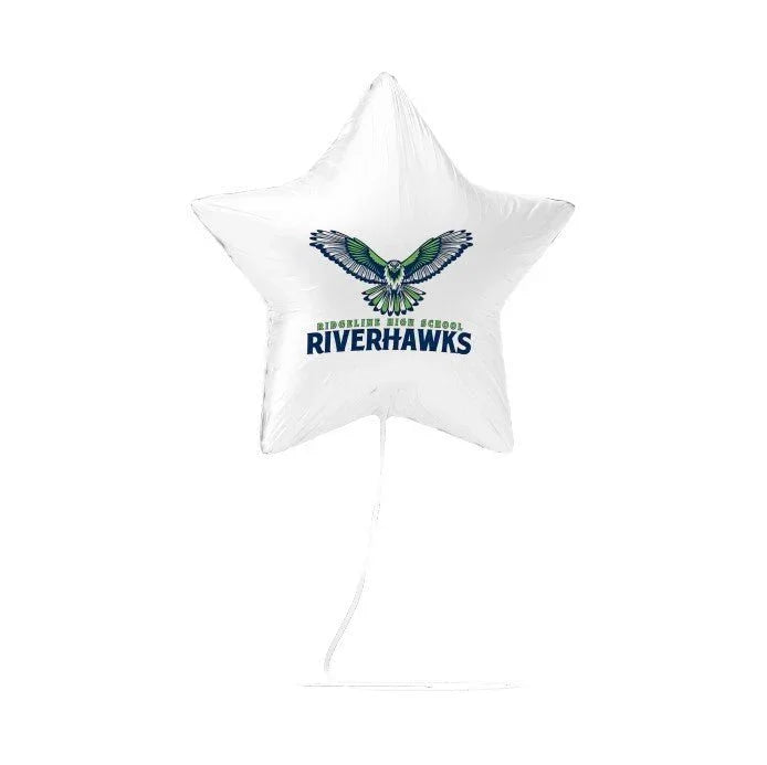 White star-shaped mylar balloon featuring a green and blue hawk in flight above "Ridgeline High School Riverhawks" text, with a white string attached.