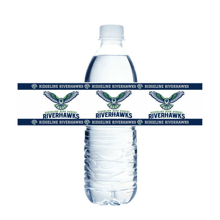 Water bottle label wraps featuring navy and green Ridgeline Riverhawks logos and text, displayed on a clear plastic water bottle.