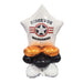 White star-shaped foil balloon with Ridgevue Warhawks logo and military insignia, mounted on a cluster of four gold and black round balloons with white base.