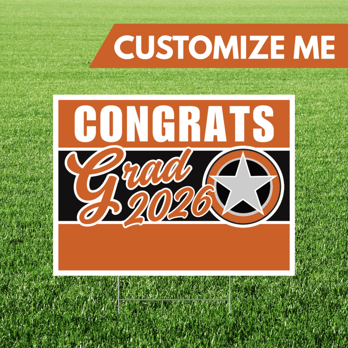 Graduation-themed customizable sign with 'Congrats Grad 2026' on a grass background