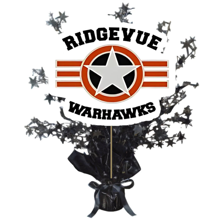 Ridgevue Warhawks school centerpiece spray decoration featuring a red and white star military insignia logo with black stars bursting from a black wrapped base, approximately 14 inches tall.