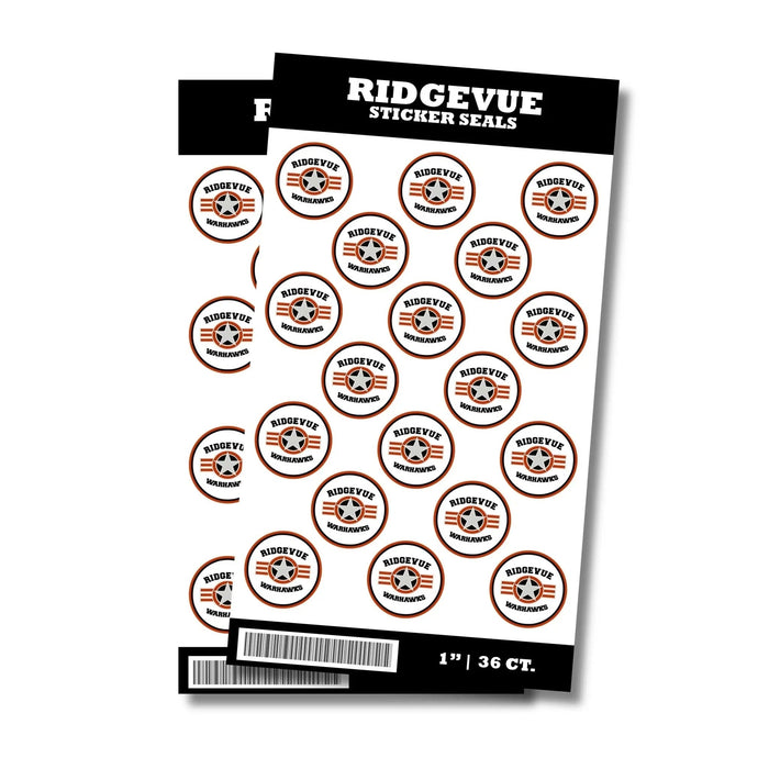Sheet of 36 circular sticker seals featuring Ridgevue Warriors logo with white star and orange stripes on brown and white background.