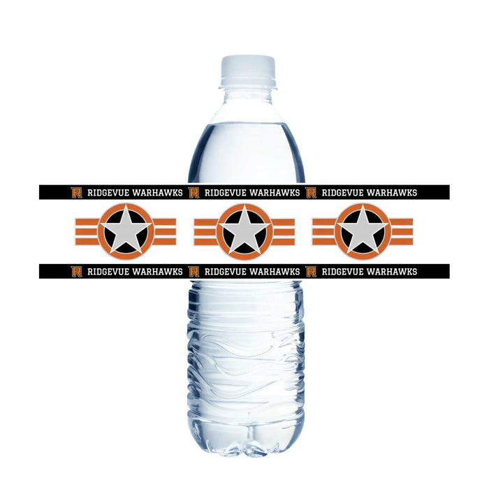 Plastic water bottle wrapped with black and orange Ridgevue Warhawks decorative labels featuring white stars and striped design patterns repeating around the bottle.