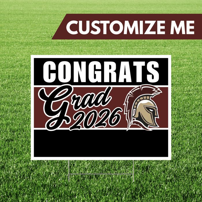 Graduation-themed customizable sign with 'Congrats Grad 2026' text on a grass background